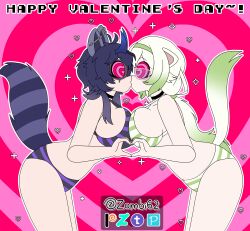 2girls 3am ass big_breasts bikini blue_hair breasts breasts_squeezed_together ferret_girl ferret_tail green_hair heart_hands hypnosis indie_virtual_youtuber kissing laimu large_breasts lesbian_kiss raccoon_girl raccoon_tail snuffy thighs twintails white_hair yuri zombi62