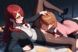 2girls ai_generated black_high_heels black_skirt black_suit classroom cunnilingus dominant_female dominant_lesbian eyeliner female female/female female_only frown glasses hand_on_head high_heels lesbian_domination licking_pussy mitsuru_kirijo oral oral_sex orange_hair pantyhose persona persona_3 persona_3_reload pink_nails pink_sweater pointing pussy pussy_juice pussy_juice_in_mouth red_hair runny_makeup spread_legs spreading_pussy sweatdrop tagme teacher teacher_outfit tears tongue_in_pussy torn_pantyhose white_shirt yukari_takeba yuri