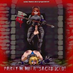 abuse ai_assisted ai_generated bad_end blood_drip blood_splatter defeated defeated_heroine erection female futanari game_over greyscaler holding_weapon imminent_death imminent_rape imminent_sex on_ground on_stomach penis ryona testicles