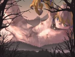 arknights female flat_chest giantess green_eyes ltstarlite nipple_piercing nude shu_(arknights) slit_pupils small_breasts