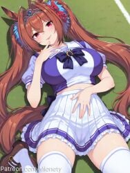 :p ai_generated animal_ears artist_name blush bow bowtie breasts brown_footwear brown_hair closed_mouth daiwa_scarlet_(umamusume) female finger_to_mouth frilled_skirt frills grass hair_between_eyes hair_intakes hair_ornament hairbow hand_on_own_stomach horse_ears horse_girl horse_tail horseshoe_ornament large_breasts loafers long_hair looking_at_viewer lying midriff miniskirt mionety oerba_yun_fang on_back pleated_skirt puffy_short_sleeves puffy_sleeves purple_bow purple_bowtie purple_shirt red_eyes sailor_collar sailor_shirt school_uniform serafuku shirt shoes short_sleeves skindentation skirt smile solo summer_uniform tail thighhighs thighs tiara tongue tongue_out tracen_school_uniform twintails twitter_username umamusume very_long_hair white_sailor_collar white_skirt white_thighhighs zettai_ryouiki