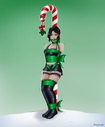 1girls bondage bound candy_cane christmas female female_only femsub fishnets gag gagged gift_wrapped gift_wrapped_female mistletoe png shiny_clothes stationary_restraints thighhighs waryfeather