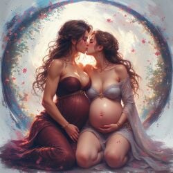 2girls ai_generated blushing_female brown_hair closed_eyes dress earrings female_only flowers jewelry kissing large_breasts long_hair lovers married_couple necklace pregnant pregnant_couple romantic surreal wavy_hair wife_and_wife yuri
