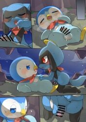 absurd_res anthro balls beak bigoyatsu biped black_body blue_body blue_eyes blush bodily_fluids censored comic detailed_background duo erection foreskin generation_4_pokemon genital_fluids genitals hi_res male male/male multicolored_body nintendo penis piplup pokemon pokemon_(species) pokemon_mystery_dungeon precum red_eyes riolu side_view spike_chunsoft sweat tongue white_body