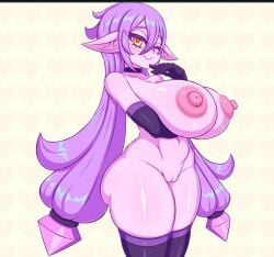 large_breasts long_hair pointy_ears purple_hair purple_skin simple_background thick_thighs yellow_eyes