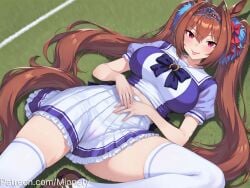 :p ai_generated animal_ears antenna_hair artist_name blush bow bowtie breasts brown_hair cameltoe closed_mouth daiwa_scarlet_(umamusume) dated female frilled_skirt frills grass hair_between_eyes hair_intakes hair_ornament hairbow hand_on_own_stomach horse_ears horse_girl horse_tail horseshoe_ornament large_breasts loafers long_hair looking_at_viewer lying miniskirt mionety naughty_face oerba_yun_fang on_back on_grass panties pleated_skirt puffy_short_sleeves puffy_sleeves purple_bow purple_bowtie purple_shirt pussy red_eyes sailor_collar sailor_shirt school_uniform see-through serafuku shirt shoes short_sleeves skirt smile solo spread_legs summer_uniform tail thighhighs thighs tiara tongue tongue_out tracen_school_uniform twintails umamusume underwear very_long_hair white_sailor_collar white_skirt white_thighhighs