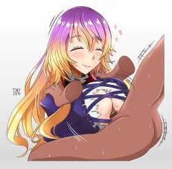 1girls bar_censor big_boobs big_breasts big_tits boobjob boobs breasts censor_bar censored censored_penis closed_eyes cock cock_between_breast dick dick_between_boobs eyebrows_visible_through_hair eyes_closed genitals hair_between_eyes hijiri_byakuren long_hair long_hair_female paizuri penis penis_between_breasts simple_background smile takyzen titjob tits touhou