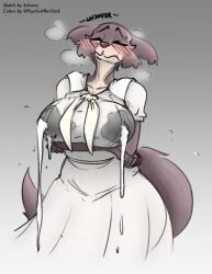 absurd_res anthro beastars big_breasts blush bodily_fluids breasts brown_body brown_fur canid canine canis closed_eyes clothed clothing digital_media_(artwork) female fur hi_res huge_breasts juno_(beastars) lactating lactating_through_clothing mammal milk necktie nervous psychoticwalrus school_uniform schwoo simple_background solo uniform wet wet_clothing wolf