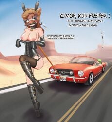 2girls ballet_boots ballet_heels bit_gag bondage bondage_gear bondage_gloves bondage_mittens bound bound_arms bound_hands bound_wrists brown_hair car collar corset english_text eyeshadow female female_only femsub gag gagged headband high_heels horse_ears latex latex_clothing lock locked_high_heels makeup mina_(vocaloid13) mittens outdoors padlock ponygirl ponyplay posture_collar shiny_clothes stockings text thighhighs vehicle very_high_heels vocaloid13_(artist)