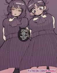 2d 2d_(artwork) asa_mitaka blush blushing_at_viewer blushing_female bush busty chainsaw_man dressed_undressed illustration kajiuna kajiunaberry kajiunas mitaka_asa nervous nervous_expression nervous_sweat pastel pastel_colors perky_breasts pussy stripped sweat text yoru_(chainsaw_man) yuri