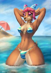 2022 2_horns amber_eyes anthro background bikini bikini_bulge breasts bulge bulge_through_clothing capreoline fur furry furry_only futanari intersex kalivero looking_at_viewer mammal nu_pogodi nu_pogodi_reboot pink_hair red_deer red_eyes red_fur sea short_hair solo solo_futa soyuzmultfilm ulya