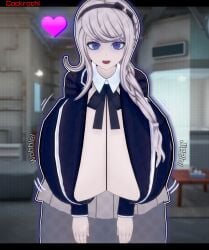 1girls 3d 3d_(artwork) bending_forward blue_eyes breasts character_pov cleavage clothed cockrochi dialogue exposed_breasts female female_focus female_only glasses hands_on_thighs huge_breasts jacket jacket_only kirifuji_nozomi leaning leaning_forward light-skinned_female light_skin looking_at_viewer massive_breasts movement_lines no_bra no_shirt onomatopoeia pale-skinned_female pale_skin pov self_upload solo solo_female solo_focus sumino_takumi takumi_sumino textless_version the_hundred_line_-last_defense_academy- white_hair