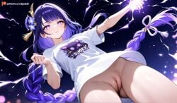 ai_generated big_ass big_breasts big_butt big_thighs climax electricity genshin_impact masturbation raiden_shogun tshirt tshirt_only