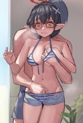 1boy ayane_(blue_archive) ayane_(swimsuit)_(blue_archive) bare_shoulders bikini black_hair blue_archive blush braid breasts cleavage collarbone commentary crown_braid female fingering glasses grabbing_another's_breast grey_shorts groin groping hair_ornament halo hand_in_another's_panties highres medium_breasts navel official_alternate_costume panties pointy_ears red-framed_eyewear red_halo revision short_hair shorts solokitsune striped_bikini striped_clothes swimsuit thighs underwear yellow_eyes