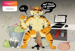 alex_(vivalex) animal_genitalia animal_penis anthro balls belly big_breasts big_penis bodily_fluids body_hair breasts broken_condom buttplug canine_genitalia canine_penis caricature chair cheek_tuft claws computer condom condom_balloon cum cum_drip cum_on_ground cum_on_wall darkergrey dialogue digitigrade dildo domestic_cat dripping electronics excessive_cum excessive_genital_fluids eyebrows eyelashes facial_hair facial_tuft felid feline felis filled_condom forehead_gem fur furniture furry gem genital_fluids genitals goatee grin happy_trail hi_res huge_cock humanoid_genitalia humanoid_penis leaking_precum long_penis male male_only mammal muscular muscular_male navel nervous nervous_smile nipples nude orange_body orange_fur pantherine penetrable_sex_toy penis plug_(sex_toy) pornography precum precum_drip question saggy_balls sex_toy sexual_barrier_device shadow smile solo solo_male speech_bubble spiked_penis spikes spikes_(anatomy) spread_legs spreading striped_body stripes tan_body tan_fur thick_eyebrows tiger tissue trash trash_can tuft used_tissue vein vivalex vulva yellow_eyes