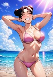 1girls ai_generated arm_support arms_behind_head arms_up bare_chest bare_legs bare_midriff bare_shoulders beach big_breasts bikini bikini_bottom bikini_top blush breasts brown_hair cleavage closed_eyes clouds curvaceous curvy curvy_body curvy_female curvy_figure day double_bun female female_only happy happy_female high_resolution highleg highleg_bikini light-skinned_female light_skin naruto naruto_(series) naruto_shippuden navel ocean pink_bikini pinup sand seaside smile solo sunlight sunset swimsuit teenager tenten tied_hair toned toned_female water wide_hips