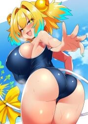 :3 :3d :d ass_focus blue_nails blue_sky blush bombergirl fang from_behind huge_ass huge_breasts igarashi_gozo looking_back nipple_bulge pine_(bombergirl) sideboob smile sukumizu twisted_torso