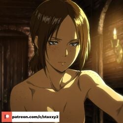 accurate_art_style ai_generated attack_on_titan brown_background brown_eyes brown_hair clothed_female_nude_male collarbone female freckles gradient_background grey_background grey_shirt half-closed_eyes handjob long_sleeves looking_at_viewer low_ponytail male medium_hair motion_blur motion_lines nude open_mouth parted_bangs penis ponytail pov pov_crotch precum shingeki_no_kyojin shirt short_hair solo_focus speed_lines spread_legs straight teeth uncensored upper_body upper_teeth_only ymir ymir_(shingeki_no_kyojin) ymir_fritz