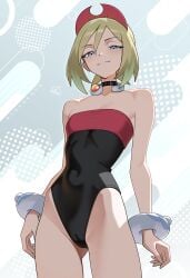 1girls absurdres artist_name bare_shoulders black_choker black_leotard blonde_hair blue_eyes breasts cameltoe choker cowboy_shot female female_only hairband highleg highleg_leotard highres irida_(pokemon) leotard nintendo otokakoto pokemon pokemon_legends:_arceus red_hairband short_hair small_breasts solo strapless_clothing strapless_leotard thighs tight_clothing wrist_cuffs