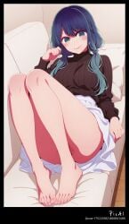 1girl 4k 8k ai_assisted bare_legs barefoot black body breasts brown bun butt content. couch cowboy dress explicit feets female full hair high kurokawa_akane legs long lying masterpiece mature nsfw on oshi_no_ko perfect polished quality resolution shot sleeveless sleeves smile solo sweater thighs tied toenails toes turtleneck wet_pussy white