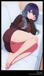 1girl 4k 8k ai_assisted bare_legs barefoot black body breasts brown bun butt content couch cowboy dress explicit feets female full hair high kurokawa_akane legs long lying masterpiece mature nsfw on oshi_no_ko perfect polished quality resolution shot sleeveless sleeves smile solo sweater thighs tied toenails toes turtleneck wet_pussy white