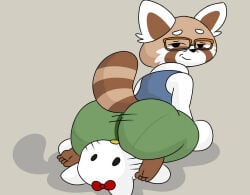 2d 2d_(artwork) aggressive_retsuko ass ass_focus big_ass black_eyes bow facesitting glasses gray_background green_pants hello_kitty_(character) jacket light_brown_body male male_focus male_only older_male plushie retsuko's_father sanrio sitting sitting_on_plushie tagme yellow_nose