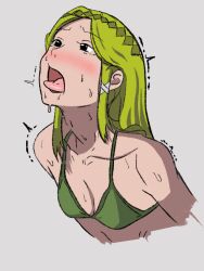 bikini blush green_bikini green_hair infp long_hair mbti skinny small_breasts stuck_out_tongue sweat sweating