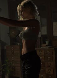 3d 3d_(artwork) bangs belly_button blonde_female blonde_hair capcom caucasian caucasian_female denim denim_shorts grace_ashcroft hourglass_figure hourglass_figured_female jean_shorts jeans medium_breasts medium_hair nsfw resident_evil resident_evil_9:_requiem shorts sleeveless_shirt slim_waist smiling tagme tanktop thick_thighs unknown_artist wide_hips ingame_model bra sideview flat_belly