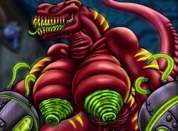 absurd_res anthro big_breasts breasts cybernetics cyborg dinosaur female first_person_view glowing glowing_markings green_nipples hi_res lokidragon87 looking_at_viewer low-angle_view machine markings motion_blur nipples nox_(lokidragon87) prehistoric_species reptile saurischian scalie solo theropod tongue tongue_out tyrannosaurid tyrannosauroid tyrannosaurus