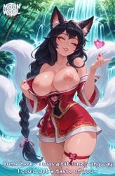 ahri ahri_(league_of_legends) ai_assisted ai_generated big_breasts black_hair breasts breasts_out caption comic curvy curvy_body curvy_female female female_focus female_only fox_ears fox_girl fox_tail heart large_breasts league_of_legends long_hair looking_at_viewer moonwool_branch nipples one_eye_closed outdoors seductive seductive_eyes seductive_look seductive_mouth seductive_pose seductive_smile slit_pupils smile smiling solo solo_female solo_focus tail talking talking_to_viewer thick_ass thick_thighs thighs uncensored undressing very_long_hair wet yellow_eyes