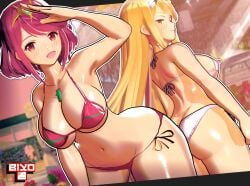 2girls 3d_(artwork) bikini biyo blonde_hair breasts female female_only light-skinned_female light_skin mythra mythra_(xenoblade) nintendo pyra pyra_(xenoblade) red_hair xenoblade_(series) xenoblade_chronicles_2