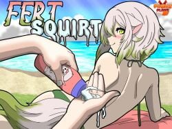 1girls back bikini fawksplays female ferret_ears ferret_girl ferret_tail green_eyes green_hair indie_virtual_youtuber laimu outdoors smile sunscreen tail virtual_youtuber vtuber white_hair