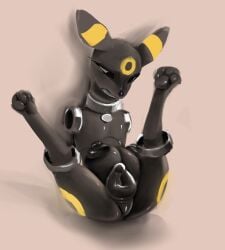 amputation animal_genitalia animal_vulva big_teats canid canine canine_genitalia canine_vulva collar crotch_breasts eeveelution female feral freaky_fel generation_2_pokemon genitals hi_res legs_in_air looking_at_self looking_down lying mammal nintendo on_back pawpads paws pokemon pokemon_(species) portal_amputation questionable_consent solo spread_legs spreading teats thinking_with_portals umbreon worried_look