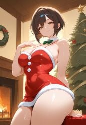 ai_generated bangs bare_shoulders bow bowtie breasts brown_eyes brown_hair christmas christmas_tree cleavage closed_mouth covered_navel detached_collar dress female fire fireplace fur-trimmed_dress fur_trim green_bow green_bowtie indoors large_breasts looking_at_viewer minus5 original_character red_dress santa_costume santa_dress shiny short_dress short_hair sitting smile solo strapless thick_thighs thighs