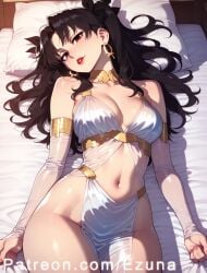 ai_generated big_ass big_breasts big_butt big_thighs black_hair blush center_opening ezuna fate/grand_order fate_(series) huge_ass huge_butt huge_thighs ishtar_(fate) lying medium_breasts navel red_eyes twintails wanuze white_clothing white_dress wide_hips