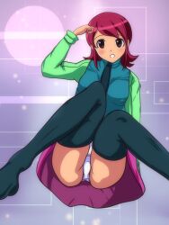 1girls artist_request brown_eyes clothed female female_only knees_together_feet_apart knees_up mayl_sakurai mega_man mega_man_battle_network necktie panties sakurai_meiru sitting skirt tagme thighhighs upskirt