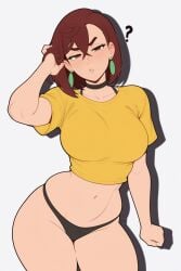 1girls ai_generated asian asian_female ayase_momo breasts brown_eyes brown_hair choker dandadan earrings female female_only japanese_female large_breasts midriff midriff_baring_shirt navel pale-skinned_female pale_skin shoulder_length_hair teenage_girl teenager thick_thighs thong waifudiffus1on wide_hips yellow_shirt