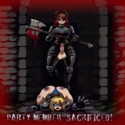 abuse ai_assisted ai_generated bad_end blood_drip blood_splatter defeated defeated_heroine erection female futa_with_female futanari game_over greyscaler holding_weapon imminent_death imminent_rape imminent_sex on_ground on_stomach penis ryona testicles