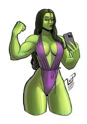 1girls big_breasts breasts cleavage female flexing green_skin lucaspflp marvel muscular muscular_female selfie she-hulk smartphone solo
