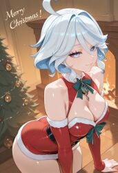 ahoge ai_generated ass bare_shoulders blue_eyes blue_hair bow breasts, christmas christmas_tree cleavage cleavage_cutout clothing_cutout detached_sleeves dress female fireplace fur_trim furina_(genshin_impact) genshin_impact green_bow indoors large_breasts leaning_forward looking_at_viewer merry_christmas minus5 multicolored_hair red_dress santa_costume santa_dress short_hair smile solo thighs white_hair