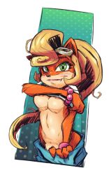 1girls anthro areolae coco_bandicoot crash_(series) female fur furry large_breasts navel oerba_yun_fang pussy shirt solo underboob undressing widehipsink