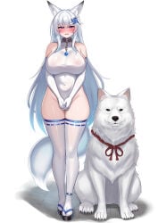 1animal 1girls 2026 2d bangs bestiality big_breasts blue_eyes blush canine collar dog domestic_dog fox_ears fox_girl fox_tail hair_ornament heavy_breathing highres huge_breasts imminent_bestiality imminent_sex implied_bestiality kemonomimi kutan large_breasts leotard long_gloves mizuki_(kutan) shrine_maiden skindentation standing tail thighhighs very_long_hair white_hair white_legwear white_leotard zoophilia