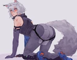 1boy 2025 2d 2d_(artwork) all_fours ass back back_view bare_shoulders behind behind_view big_ass big_butt blush blushed_face butt cat_ears cat_tail clothed clothing color colored digital_media_(artwork) embarrassed fluffy fluffy_tail fully_clothed grey_hair hair hi_res hoyoverse huge_ass looking_back male mihoyo purple_eyes seth_lowell simple_background solo solo_male tail white_background zenless_zone_zero