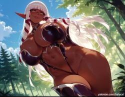 ai_generated balecxi blunt_bangs cleavage dark_elf dark_skin day evelyn_celebrian female forest hair_ribbon highleg huge_breasts leotard lips long_hair looking_at_viewer nature navel outdoors pointy_ears red_ribbon single_thighhigh sky smile solo thick_thighs thighhighs tree tress_ribbon white_hair yellow_eyes youkoso!_sukebe_elf_no_mori_e