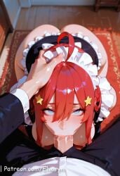 1boy ai_generated apron bangs blue_eyes blush boobjob breasts breasts_out cowgirl_position elvoryn female female_on_cloth hair_between_eyes hair_ornament indoors large_breasts long_hair long_sleeves looking_at_viewer maid maid_apron maid_headdress nakano_itsuki nipples open_mouth penis penis_in_mouth pov puffy_sleeves red_hair sex solo_focus star_hair_ornament straddling straight sweat the_quintessential_quintuplets uncensored vaginal_penetration