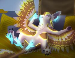 3_fingers 4_ears 4_toes absurd_res animal_genitalia anthro avali bed blush bodily_fluids claws cloaca closed_eyes dewclaw digitigrade disembodied_hand ethquinox feathers feet female female_penetrated fingering fingers fur furniture genital_fluids genitals ghost_hand hi_res looking_pleasured lying lying_on_bed multi_ear on_back on_bed pawpads paws penetration solo spread_wings tail tenali_dreamfeather toes underfluffies winged_arms wings