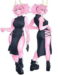 absurdres ashido_mina ass bag bare_shoulders black_boots black_dress boku_no_hero_academia boku_no_hero_academia_(finale) boots breasts colored_skin commentary dress earrings english_commentary female from_behind hhholic highres holding holding_bag holic_fz hoop_earrings jewelry looking_at_viewer looking_back mina_ashido mina_ashido_time-skip multiple_views my_hero_academia my_hero_academia_(finale) pelvic_curtain pink_hair pink_skin ponytail post-timeskip side_slit simple_background sleeveless sleeveless_dress smile standing thighs white_background yellow_eyes