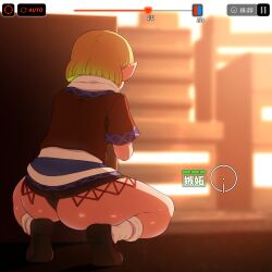 ass black_panties blonde_hair blue_skirt blurry blurry_background brown_jacket brown_shoes commentary_request depth_of_field facing_away female from_behind gameplay_mechanics goddess_of_victory:_nikke highres jacket meme mizuhashi_parsee nikke's_shooting_pose_(meme) panties plaid_clothes plaid_skirt pointy_ears shirosato shirt shoe_soles shoes short_hair skirt socks solo squatting touhou translation_request underwear user_interface valentine white_shirt white_socks