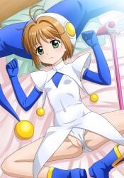 1girls ahoge blue_elbow_gloves blue_gloves blue_headwear blue_long_gloves blush breasts brown_hair cardcaptor_sakura closed_mouth clothing_aside covered_navel covered_nipples elbow_gloves female futon gloves green_eyes hat highres human light-skinned_female light_skin long_gloves lying magical_girl on_back panties panties_aside pussy sakura_kinomoto shiny shiny_hair shiny_skin short_hair small_breasts solo tooo underwear wand white_panties wooden_floor