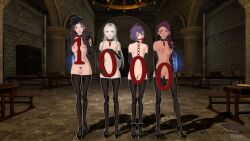 3d 4girls armwear ball_gag bernadetta_von_varley between_breasts bondage bondage_gear bondage_outfit breasts collar dorothea_arnault edelgard_von_hresvelg female female_only femsub fire_emblem fire_emblem:_three_houses gloves hat heart-shaped_pubic_hair human indoors lineup looking_at_viewer milestone_celebration multiple_girls multiple_subs naked_stockings nintendo nipples no_hands petra_macneary pubic_hair pussy stylized_pubes thighhighs ylae